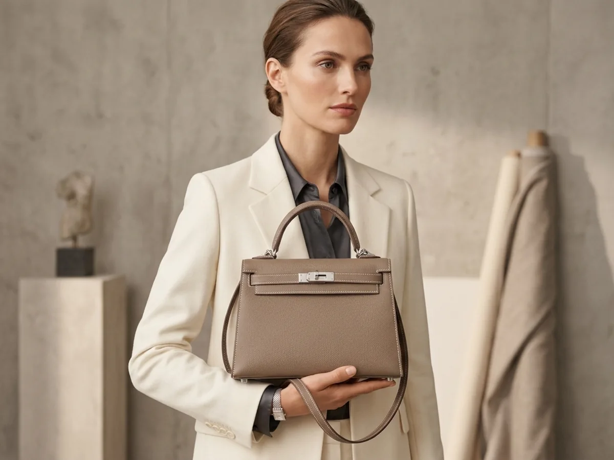 A woman in an ivory suit holding an étoupe handbag